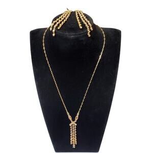 Gold Tone Brown Rhinestone Necklace Earring Set Unsigned 16" Elegant Vtg